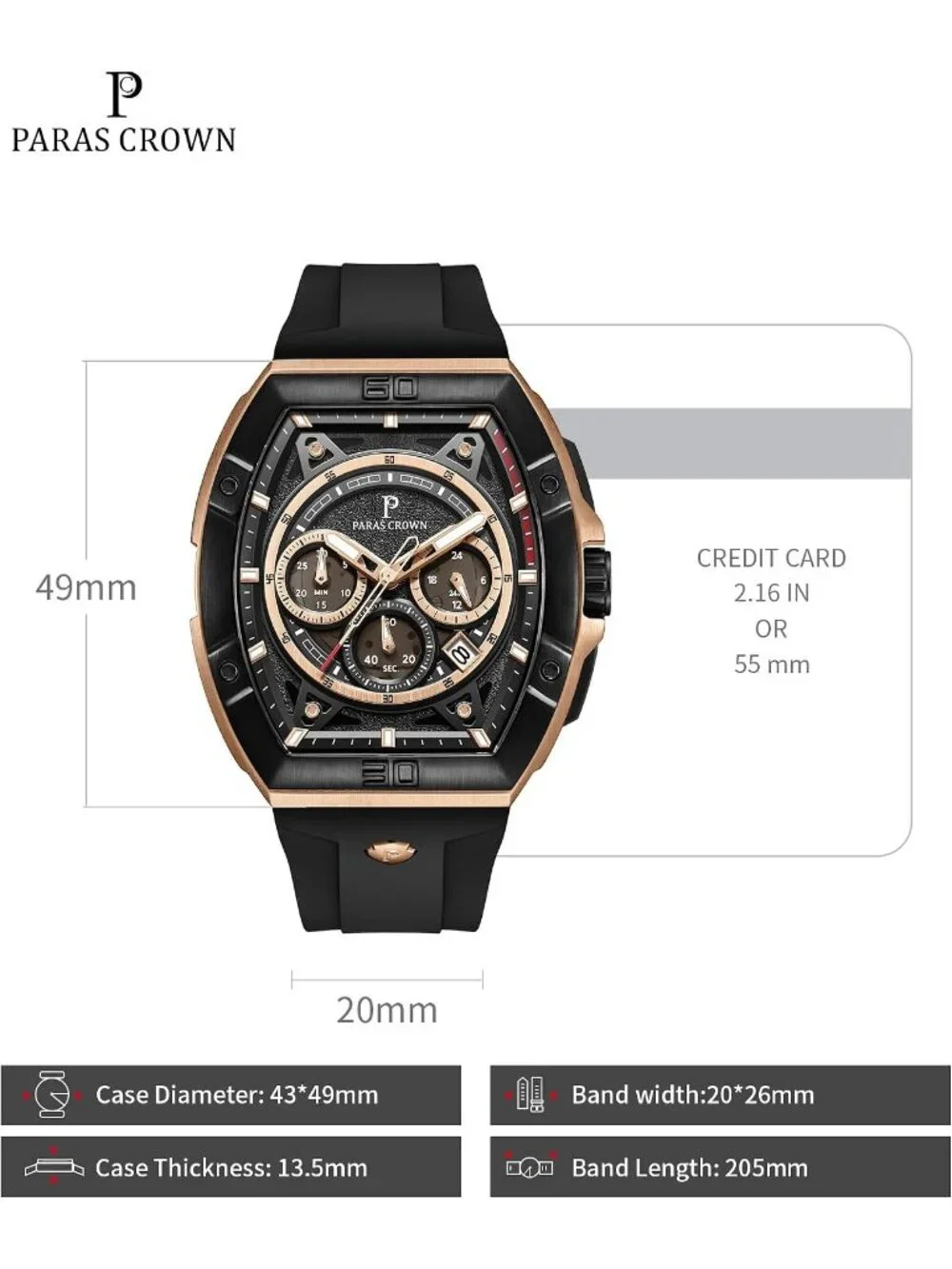 Men's Rose Gold Black 5ATM Waterproof Quartz Luxury Chronograph Analog Watch